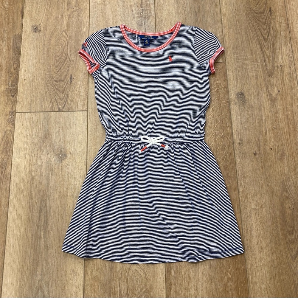 🌟POLO RALPH LAUREN🌟 GIRLS STRIPE KNIT T SHIRT DRESS ELASTIC WAIST NAVY SZ 6X